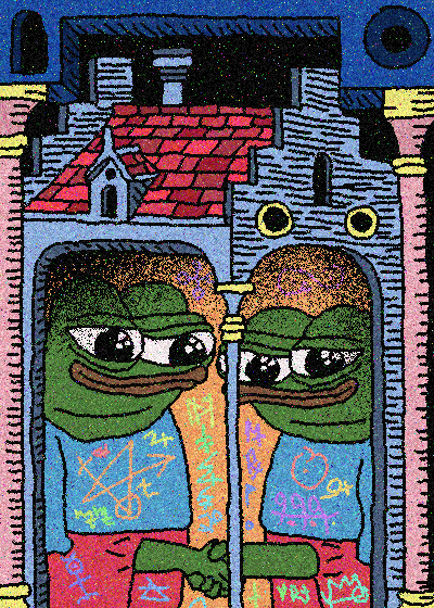 Two green Pepe frogs stand side by side in a stylized building with a red roof, set against a dark starry sky with a moon, while their robes bear cryptic symbols like "AAA," "OLO," and "SEED" — fitting the cheerful "gm, frens" greeting with its psychedelic, good-morning crypto vibe.