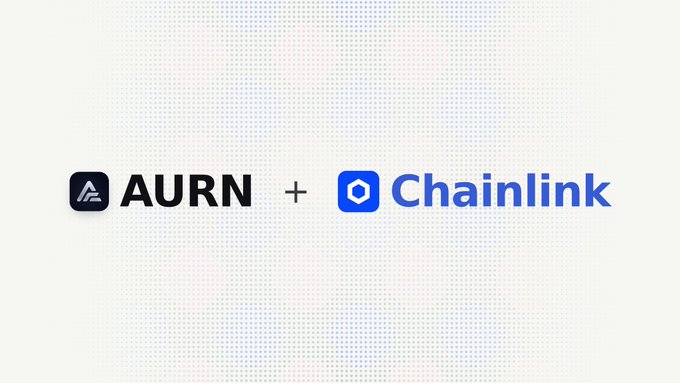 A simple white graphic displaying 'AURN + Chainlink' logos, indicating a partnership or integration announcement.