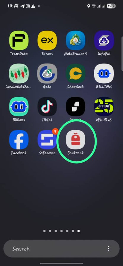 A smartphone home screen displays various app icons including TransGate, Exness, MetaTrader 5, SafePal, Gate, Chowdeck, and TikTok, with the 'Backpack' app circled in green.