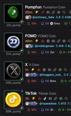 The image displays a list of cryptocurrency coins named "Pumpfun," "FOMO," "X Coin," and "TikTok," each with its associated ticker and metrics. The accompanying post mocks the "coin meta" and uses inflated language about a "revolutionary" coin on Solana, suggesting the image is meant ironically to highlight the proliferation of new, potentially hyped coins.