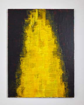 An abstract painting featuring a vertical column of textured yellow paint set against a dark background.