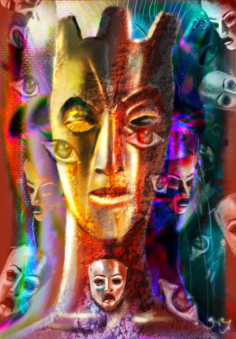 A vivid, surreal digital artwork features a central golden face crowned with a three-pointed crown, surrounded by ghostly masks in iridescent hues of blue, pink, and purple—symbolizing the many roles and facades individuals wear under societal pressure. The image visually echoes the caption's theme of being broken down, reshaped, and polished by life's trials, with the link "fuzion-xio.com/Nftdetail/6a41" and the price "12 xrp" promoting the NFT piece "The Masked Crucible."