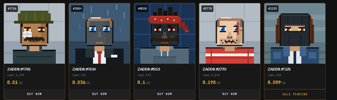 The image shows a collection of five pixel-art NFT character cards from the "ZADDR" project (#786, #184, #950, #2770, #1325) listed for sale with prices in ZEC ranging from 0.009 to 0.198. This directly relates to the post's frustration about the hyped ZADDR NFT project crashing and being difficult to sell, with the "SALE PENDING" label on the rightmost card (#1325 at 0.009 ZEC) emphasizing how hard it is to offload these assets at any price.