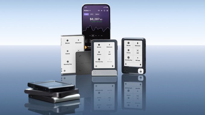 An array of Ledger hardware wallets—including the Ledger Flex and Stax—displaying cryptocurrency portfolio screens showing assets like Bitcoin, Ethereum, Solana, and XRP, with one device showing a balance of "$6,287.83." The image illustrates the post's message about self-custody, showcasing Ledger's hardware signers as the reliable, user-controlled "keys" that remain constant amid shifting exchange platforms and regulatory rules.