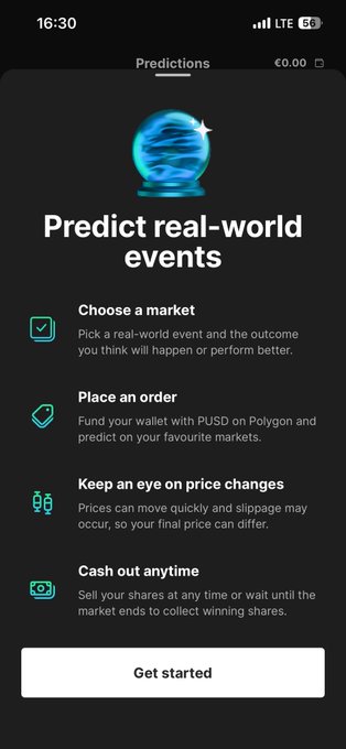 The image shows a phone screen displaying an app called "Prediction Real-World Events". The app has a blue background with white text that reads "Prediction Real-World events" at the top, followed by a list of instructions on what users can do using the app. The main feature is a blue crystal ball icon in the center of the screen, which indicates that the app allows users to predict real-world events and make decisions based on those predictions.
