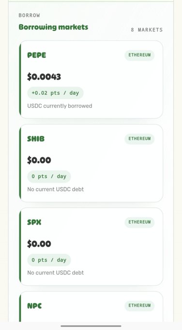 A mobile app interface showing 'Borrowing markets' with 8 markets listed, including PEPE, SHIB, SPX, and NPC on Ethereum with USDC borrowing rates and current debt.