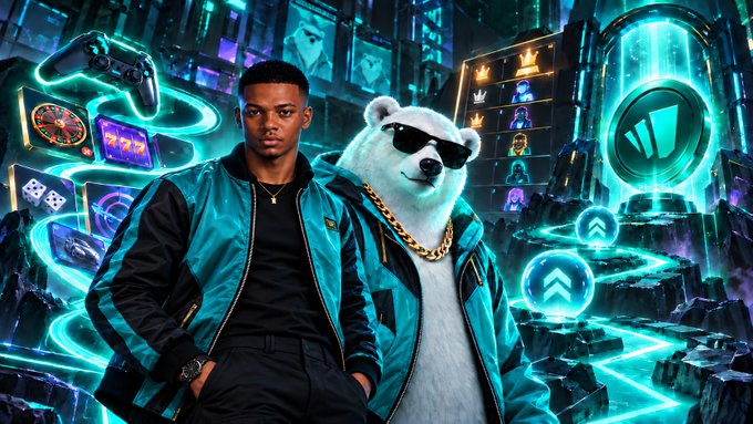 A stylized digital artwork of a young man in a teal jacket standing next to a polar bear wearing sunglasses and a gold chain, set in a neon-lit cyberpunk environment.