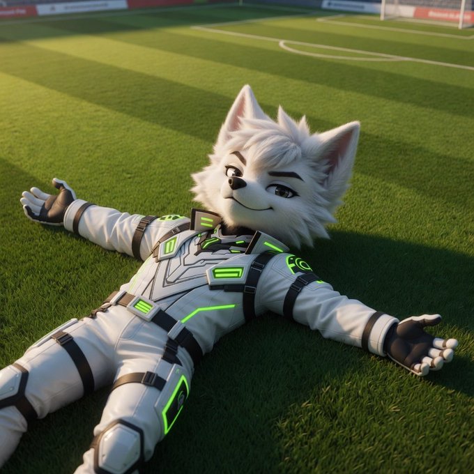 An anthropomorphic white wolf character wearing a futuristic white and neon-green suit lies spread-eagle on a grassy sports field under warm sunlight.