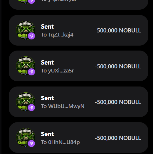 A mobile app interface shows multiple transactions of 500,000 NOBULL tokens sent from a "Blind Bull" wallet to various recipients (TqZJ...kaj4, yUXi...za5r, WUbU...MwyN, oHnN...U84p), visually demonstrating the alleged airdrop claim process promoted in the accompanying post.