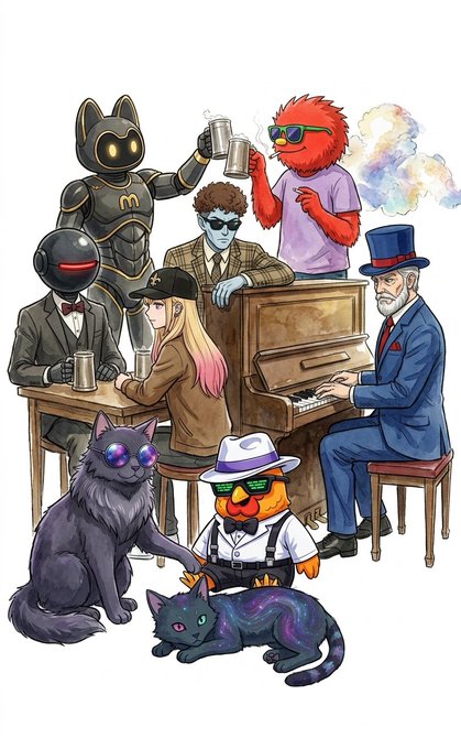 An artistic illustration featuring an eclectic gathering of characters including a robotic McDonald's mascot, a robot in a suit, a man in a top hat playing piano, colorful cats, and other stylized figures around a piano.
