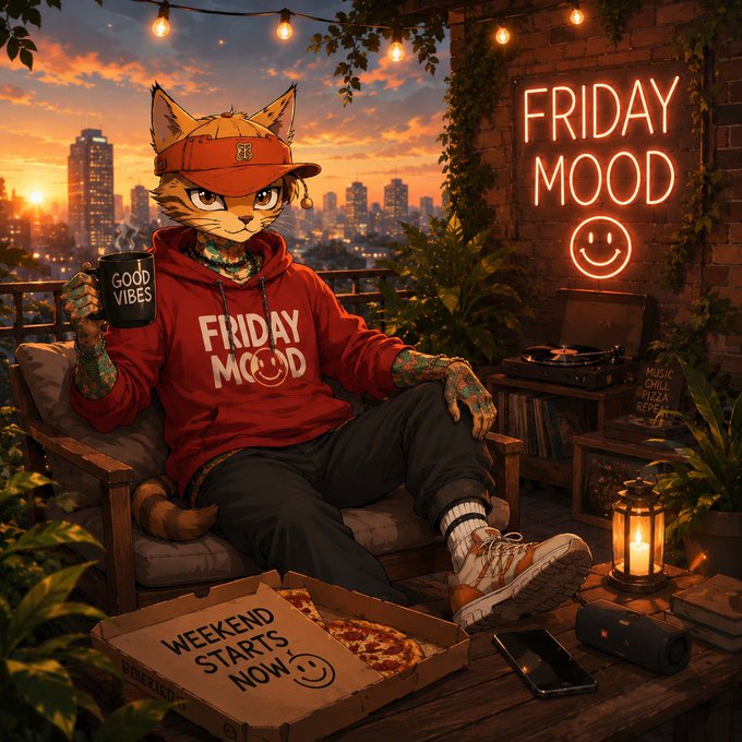 An illustration of an anthropomorphic cat wearing an orange cap and red 'FRIDAY MOOD' hoodie, sitting in a chair holding a 'GOOD VIBES' mug, with a pizza box labeled 'WEEKEND STARTS NOW' and a neon 'FRIDAY MOOD' sign.