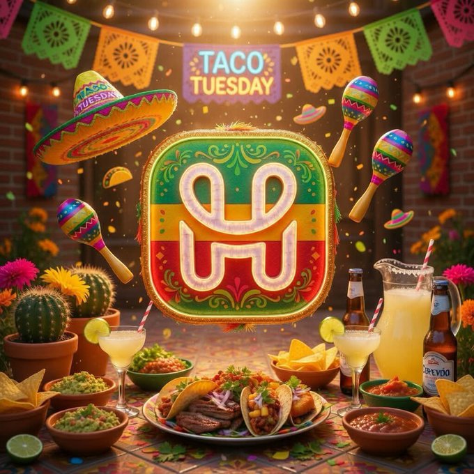 A festive 'Taco Tuesday' scene featuring a piñata with a stylized face, surrounded by tacos, margaritas, beer bottles, maracas, sombreros, cacti, and colorful papel picado banners.