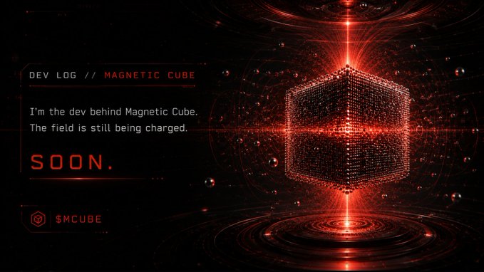Dark red/teaser graphic for 'Magnetic Cube' (SMCUBE) reading 'DEV LOG // MAGNETIC CUBE - I'm the dev behind Magnetic Cube. The field is still being charged. SOON.' with a glowing wireframe cube illustration.