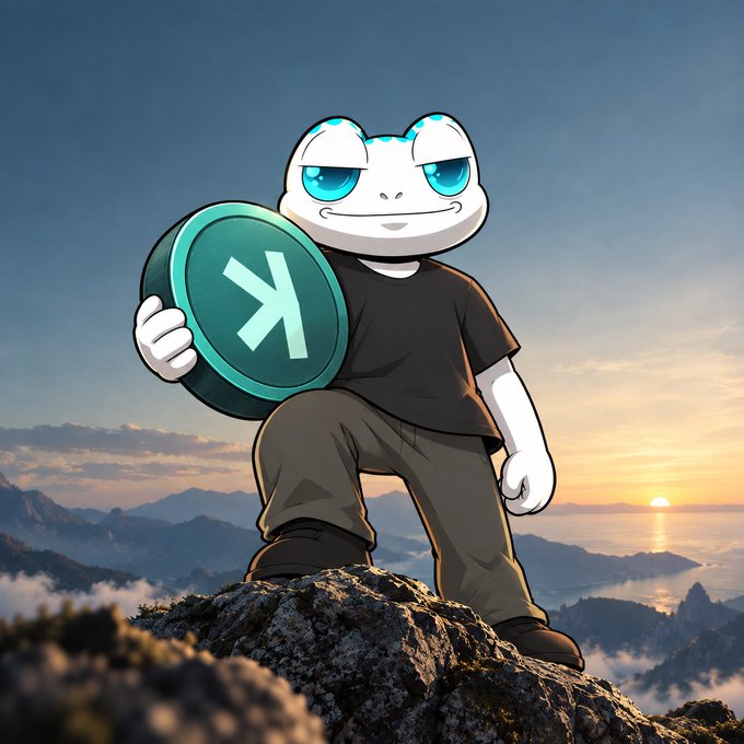 An illustration of an anthropomorphic white frog or turtle character standing on a mountain peak holding a coin with a "K" symbol against a sunset backdrop.