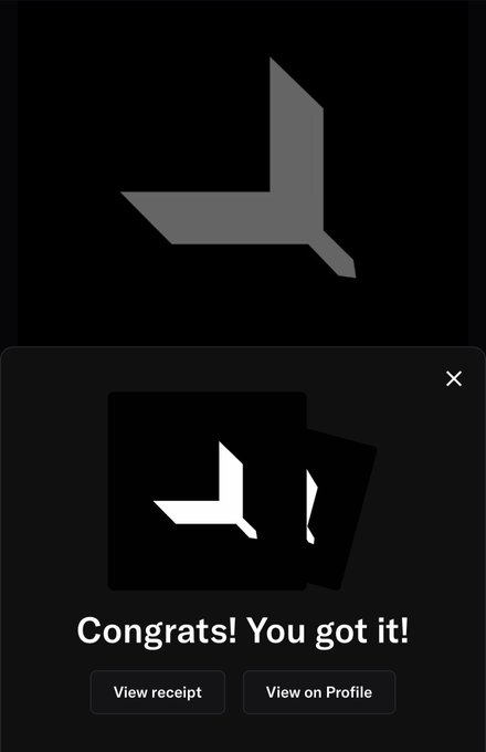 A mobile screenshot showing a successful NFT mint confirmation with the text "Congrats! You got it!" and buttons to "View receipt" or "View on Profile," featuring a stylized gray origami-like logo. The image celebrates the user's post about minting their OZZLAB NFT.