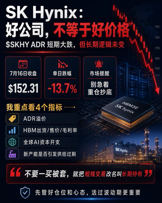A stock analysis graphic in Chinese about SK Hynix ($SKHY ADR), noting a 13.7% single-day drop to $152.31 on July 16, warning against bottom-fishing and listing four key indicators to watch.