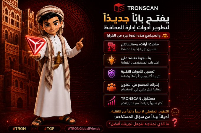 A promotional graphic for TRONSCAN features a cartoon boy in traditional Middle Eastern attire holding a glowing TRON logo, set against an ornate red and gold background with Arabic text announcing a new initiative to develop wallet management tools. The image highlights that the community will be part of the decision-making process, with hashtags #TRON, #TGF, and #TRONGlobalFriends displayed at the bottom, aligning with the accompanying post about user participation in shaping future wallet management features.