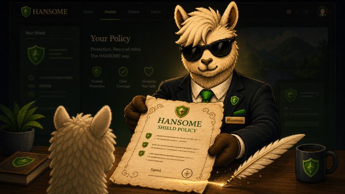 A digital illustration of an anthropomorphic llama character wearing sunglasses and a suit, holding a quill and a "HANSOME SHIELD POLICY" document on a website dashboard.