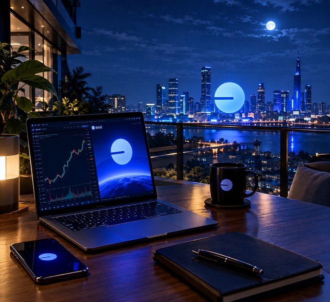 A night scene showing a laptop, smartphone, and mug displaying a blue circular logo (resembling the Base app) on a balcony table overlooking a city skyline with a bright moon.