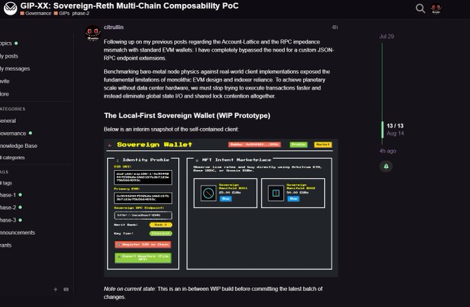 Discord screenshot from 'citrullia' in the 'GIP-XX: Sovereign-Reth Multi-Chain Composability PoC' channel discussing 'The Local-First Sovereign Wallet (WIP Prototype)' with the Sovereign Wallet interface shown.