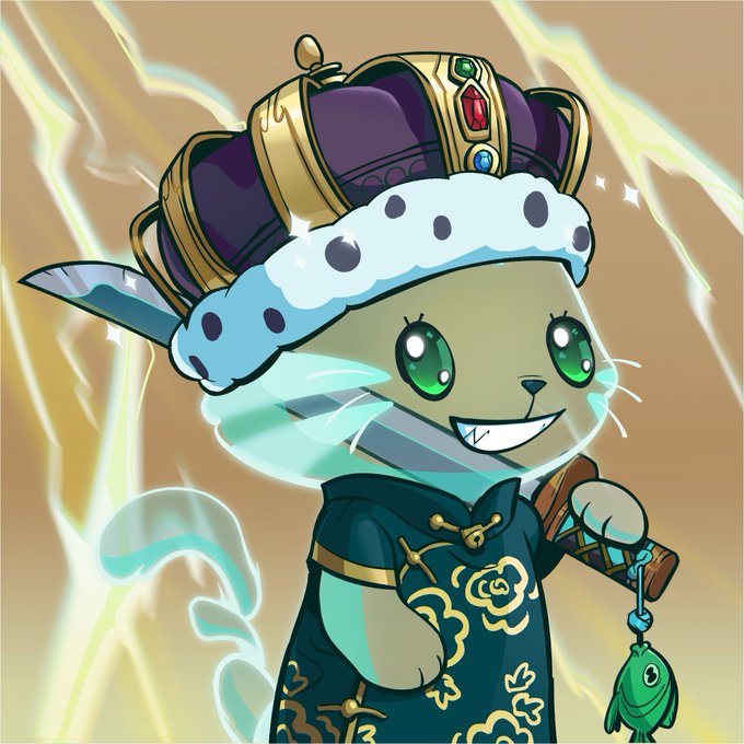 An illustration of a cute green cat-like character wearing an ornate purple and gold royal crown, holding a sword and a scroll with a green fish charm, surrounded by crackling yellow lightning.