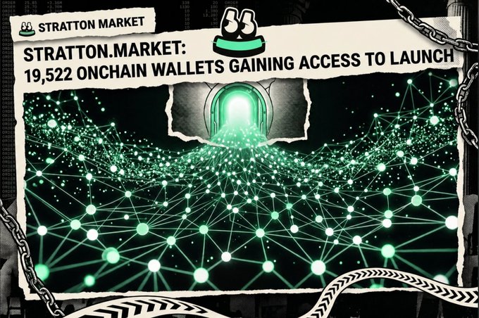 A promotional graphic for Stratton Market announces "STRATTON.MARKET: 19,522 ONCHAIN WALLETS GAINING ACCESS TO LAUNCH," featuring a glowing green portal emitting a web of connected nodes that visually reinforces the post's bullish sentiment for the $Stratton token.