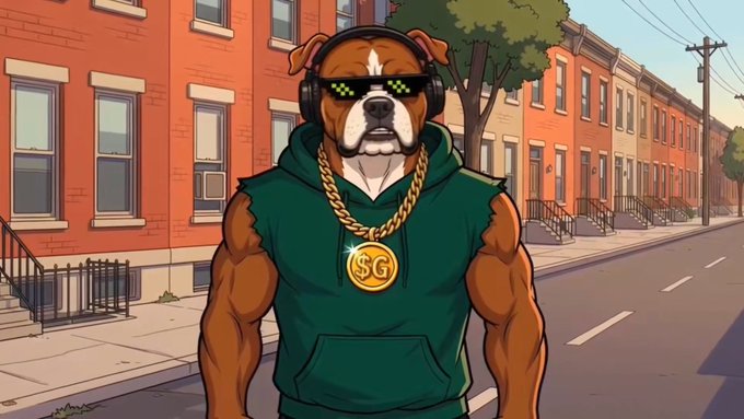 A muscular cartoon pitbull wearing "deal with it" sunglasses, headphones, a green sleeveless hoodie, and a gold chain with a "$G" medallion stands confidently on a city street, embodying the $GOOD token's bold, resilient spirit. The dog's tough, unshakable vibe mirrors the post's message of persistence and transparency.