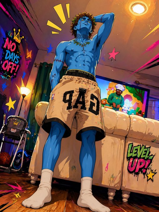 An illustrated image of a blue-skinned, muscular cartoon character wearing basketball shorts with '9AD' on them, standing in a vibrant room with graffiti-style text reading 'NO DAYS OFF' and 'LEVEL UP!'.