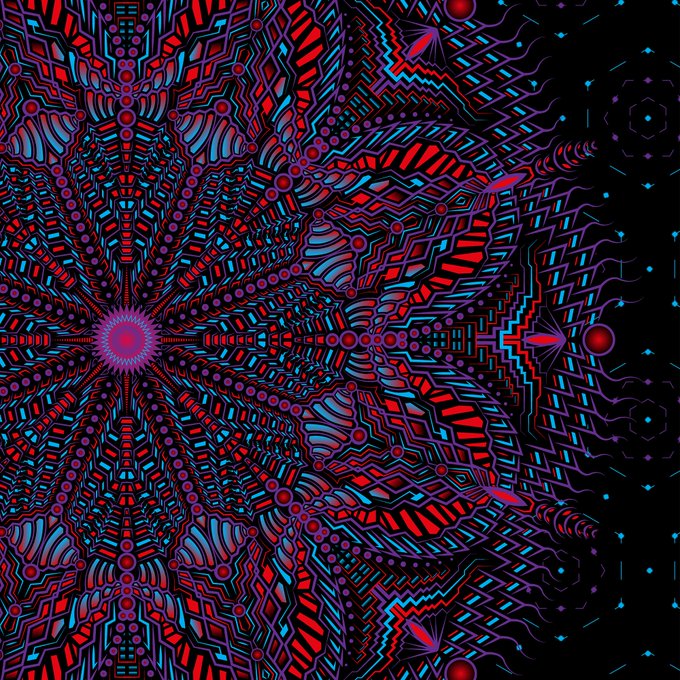 A vibrant, kaleidoscopic mandala design radiates outward from a glowing pink center, featuring intricate geometric patterns in deep crimson, electric blue, and violet hues against a black background. The piece visually embodies the "Crimson Nova" artwork, with its symmetrical, pulsating forms symbolizing the mystical expansion of consciousness across dimensions as described in the post.