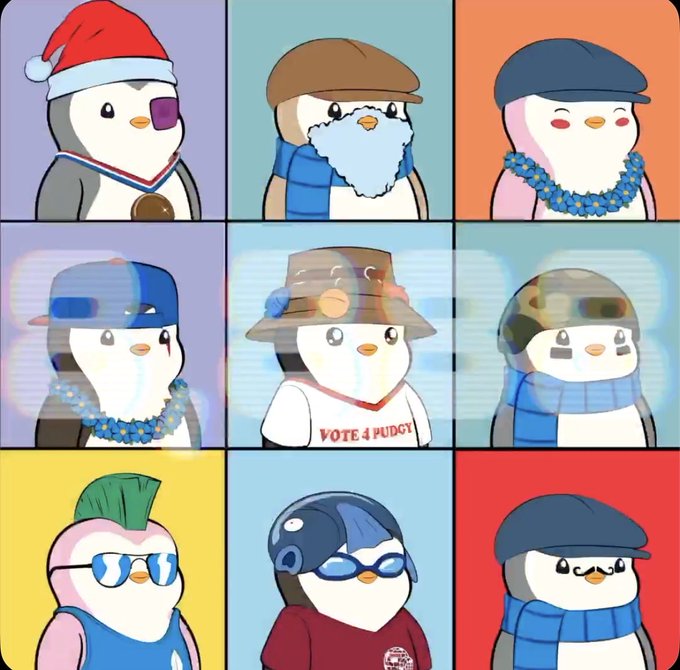 A 3x3 grid of cartoon penguin avatars in various outfits — pirate, sailor, camo, punker, scuba — including one wearing a 'VOTE 4 PUDGY' shirt, likely Pudgy Penguins NFT profiles.