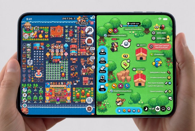 A foldable smartphone displaying two mobile games side by side - a pixel-art village builder on the left and a colorful game featuring 'ChubiName' characters on the right.