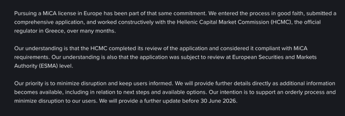The image shows a gray background with white text that reads "Binance: MiCA License Application Cleared by Greek Regulator, Awaiting Further Update by June 30 Binance said the Hellenic Capital Market Commission (HCMC) has completed its review of the exchange's MiCA license application and considered it compliant with MiCA requirements." The image is related to a post about a license application for an exchange.