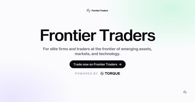 The image shows the Frontier Traders landing page featuring the "Frontier Traders" logo at the top, the tagline "For elite firms and traders at the frontier of emerging assets, markets, and technology," a "Trade now on Frontier Traders" call-to-action button, and a "Powered by Torque" indicator at the bottom. This is the platform where eligible participants in the Micron, SanDisk, or Robostrategy campaigns can sign in and claim their rewards during the 30-day claim window.
