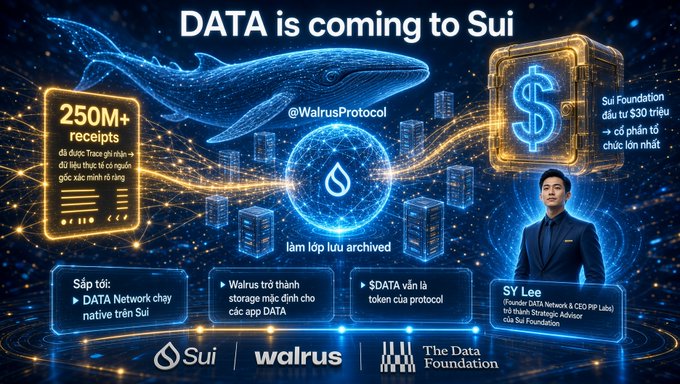 A promotional banner announcing 'DATA is coming to Sui' in collaboration with @WalrusProtocol, featuring a digital whale graphic, mentions of '250M+ receipts', and a photo of 'SY Lee' from the Sui Foundation and The Data Foundation.