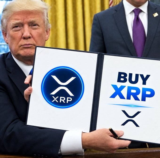 A man in a suit holds up two folders displaying the XRP cryptocurrency logo and 'BUY XRP' text in blue and white.