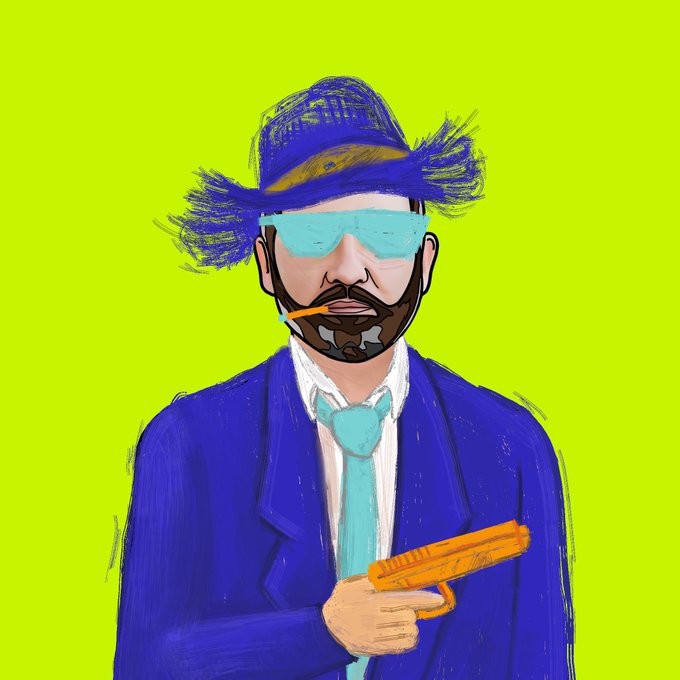 A digital illustration depicts a bearded man wearing a blue fedora, light blue sunglasses, and a blue suit with a teal tie, holding an orange handgun while smoking a cigarette against a bright yellow background.