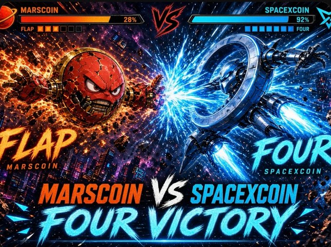 A video game-style battle screen pitting 'MARSCOIN FLAP' (a fiery red planet robot) against 'SPACEXCOIN FOUR' (a blue mechanical figure), with health bars at the top and 'FOUR VICTORY' displayed at the bottom.