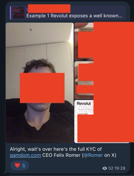 The image shows a Telegram post titled "Example 1 Revolut exposes a well known…" featuring a man with redacted facial features, captioned as "the full KYC of gemdom.com CEO Felix Romer (@Romer on X)." The accompanying message "@Revolut bunch of amateurs" suggests the poster is criticizing Revolut by claiming they leaked the CEO's identity verification documents.