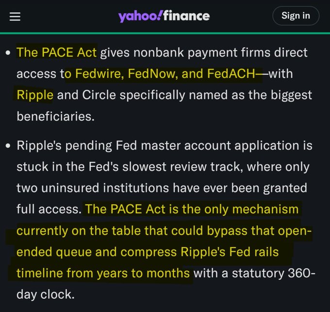 A screenshot from Yahoo Finance discussing the PACE Act, which would grant nonbank payment firms like Ripple and Circle direct access to Fedwire, FedNow, and FedACH, bypassing Ripple's stalled Fed master account application and compressing its timeline from years to months via a statutory 360-day clock.