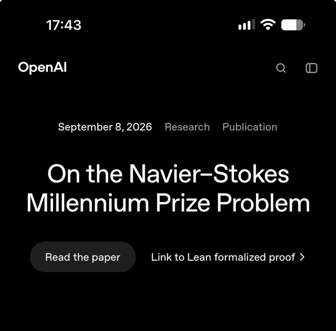 A screenshot of an OpenAI webpage dated September 8, 2026 titled 'On the Navier-Stokes Millennium Prize Problem' with buttons for 'Read the paper' and 'Link to Lean formalized proof'.