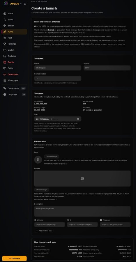 A screenshot of the APEXIS Pump launch creation form, showing sections for token details, bonding curve settings (total supply 1,000,000,000, fee 2%), and presentation fields.