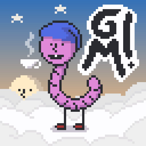 A pixel art drawing on a beach scene shows a pink worm-like character wearing a blue hat and red shoes, accompanied by a yellow smiley-faced creature.