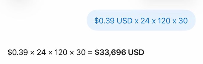 The image shows a calculation displayed in a blue rounded box and below it: "$0.39 USD x 24 x 120 x 30" resulting in "$33,696 USD," illustrating annualized revenue projections by multiplying a token price by hours, days, and months—an example of the "annualizing" the post critiques.
