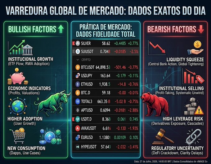 A financial dashboard in Portuguese titled 'VARREDURA GLOBAL DE MERCADO: DADOS EXATOS DO DIA' showing Bullish Factors (Institutional Growth, Economic Indicators, Higher Adoption, New Consumption) on the left and Bearish Factors (Liquidity Squeeze, Institutional Selling, High Leverage Risk, Regulatory Uncertainty) on the right, with a central market data table listing crypto pairs like BTCUSDT, USDJPY, ETHUSD, and others with their price changes.