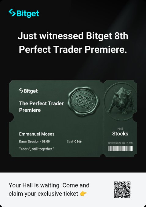 A Bitget promotional graphic announcing the 8th Perfect Trader Premiere event, featuring a ticket for Emmanuel Moses with seat CB046 at the Dawn Session (08:00) and a Hall pass for Stocks, with a QR code to claim an exclusive ticket.