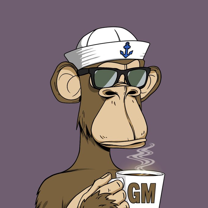 A cartoon illustration of a monkey wearing a sailor hat with an anchor and black sunglasses, holding a steaming mug with the letters 'GM' printed on it, set against a plain purple background.