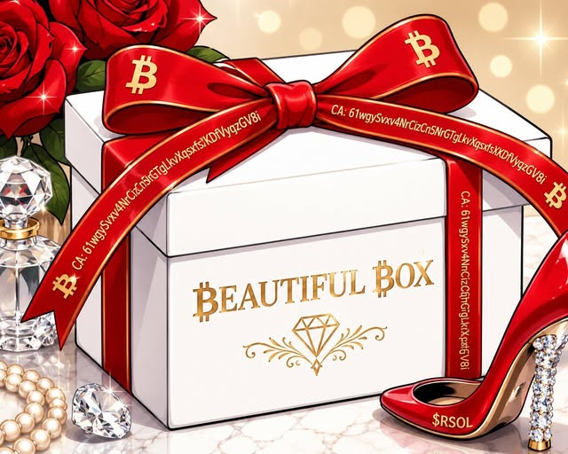 An elegant illustration of a white gift box wrapped with a red ribbon featuring Bitcoin (₿) symbols and crypto wallet addresses, labeled 'BEAUTIFUL ₿OX' in gold lettering. The box is surrounded by red roses, diamonds, pearls, and a sparkling red high-heel shoe with '$RSOL' inscribed on the heel.