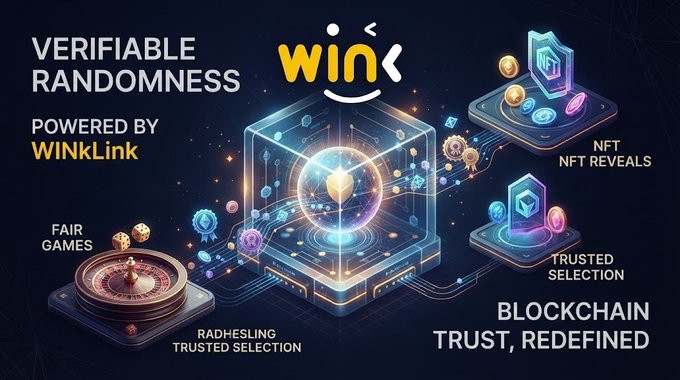 A promotional graphic for WINKLink featuring a glowing blue cube and dice, with text reading 'VERIFIABLE RANDOMNESS POWERED BY WINKLink,' 'FAIR GAMES,' 'RADHESLING TRUSTED SELECTION,' 'NFT NFT REVEALS,' 'TRUSTED SELECTION,' and 'BLOCKCHAIN TRUST, REDEFINED.'