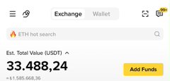The image shows a cryptocurrency exchange wallet displaying an estimated total value of $33,488.24 USDT (up $1,585,668.36) with an ETH hot search bar visible. This aligns with the accompanying Turkish post about crypto markets being on the verge of a parabolic rise, using the substantial portfolio gains to visually reinforce the bullish sentiment being claimed.