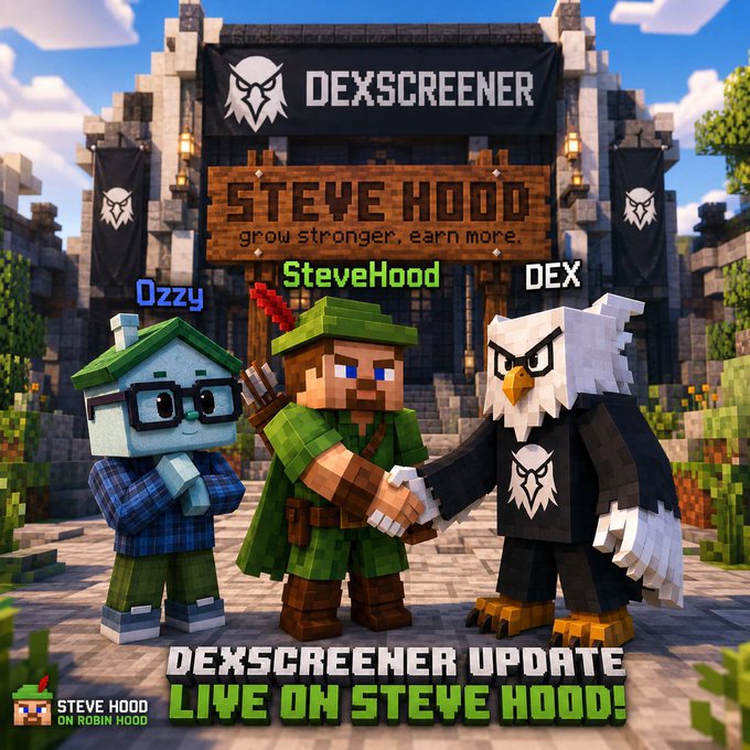 A pixel-art style promotional image for DexScreener showing Minecraft-style characters labeled 'Ozzy,' 'SteveHood,' and 'DEX' (an eagle), with text reading 'DEXSCREENER UPDATE LIVE ON STEVE HOOD!'